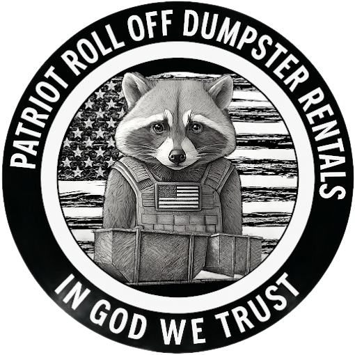 Patriot Logo: A raccoon with a roll-off dumpster and an American Flag behind him. "In God We Trust"